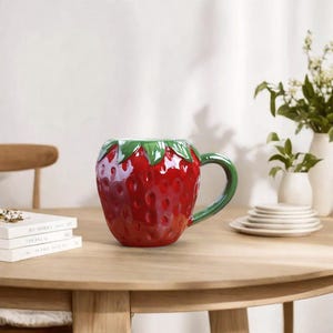 Könnte beinhalten: Eine rote und grüne Keramiktasse in Form einer Erdbeere. Die Tasse hat einen Henkel und steht auf einem Holztisch.