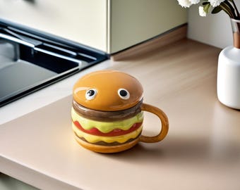 Creative Hamburger Coffee Cup Cute Cartoon Children's Ceramic Mug Breakfast Oatmeal Milk Cups with Lid Home Cups