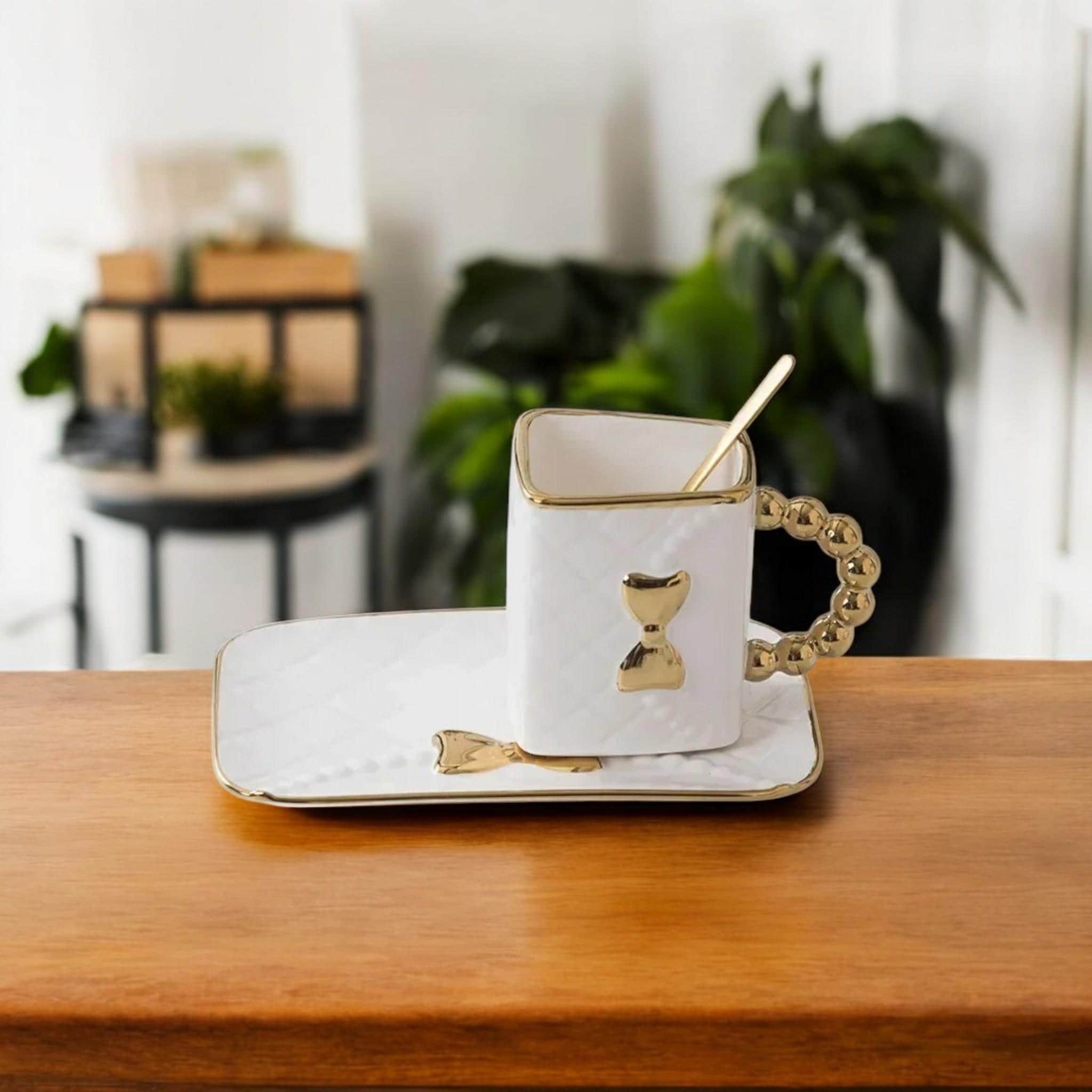 Tazza Da Caffè A Forma Di Borsa In Ceramica Con Piattino E Cucchiaio, Regalo Originale Per Lei E Lui
