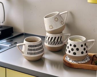 Handmade Ceramic Coffee Mug: Retro Black & White Polka Dot Design