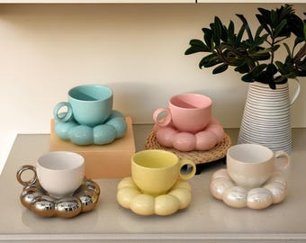 Sunflower Coffee Mug Set: Pearl White Ceramic Cups and Saucers