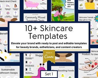 Raccolta di oltre 10 modelli di Instagram per la cura della pelle / Modelli Canva modificabili per social media per estetisti, marchi di bellezza e influencer / Set 1