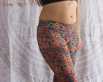 4 Sizes - Colourful Mandala Capri Leggings - Red Orange Green Blue Yellow Cotton jersey calf leggings