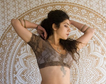 Small - Brown Latte Lace Choli Top - Short Sleeve Top - ATS, Tribal Fusion, Bellydance, crop top, open back