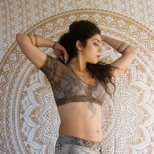 Small - Brown Latte Lace Choli Top - Short Sleeve Top - ATS, Tribal Fusion, Bellydance, crop top, open back