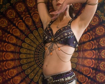 Purple and Orange Bra 34B or Belt 34"/86cm or Set - Hypaurotis Crysalus Butterfly - Fusion Bellydance Costume - Dance, Show, Performance