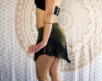 Custom or Small size - Black Gold Fringe Mini skirt - Lurex Shimmer Overskirt, Flapper, Burlesque