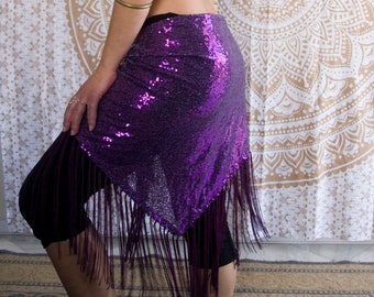 2 Sizes - Warm Puprle Sequin Fringe Hip Scarf - Fusion Bellydance Fringed shawl, flapper burlesque, ATS