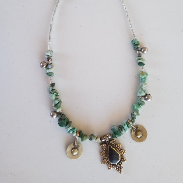 Moss Agate - Ethnic Assemblage Necklace - Green Coal Silver