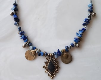 Ocean - Lapis Lazuli - Blue, silver, black Ethnic Assemblage Necklace