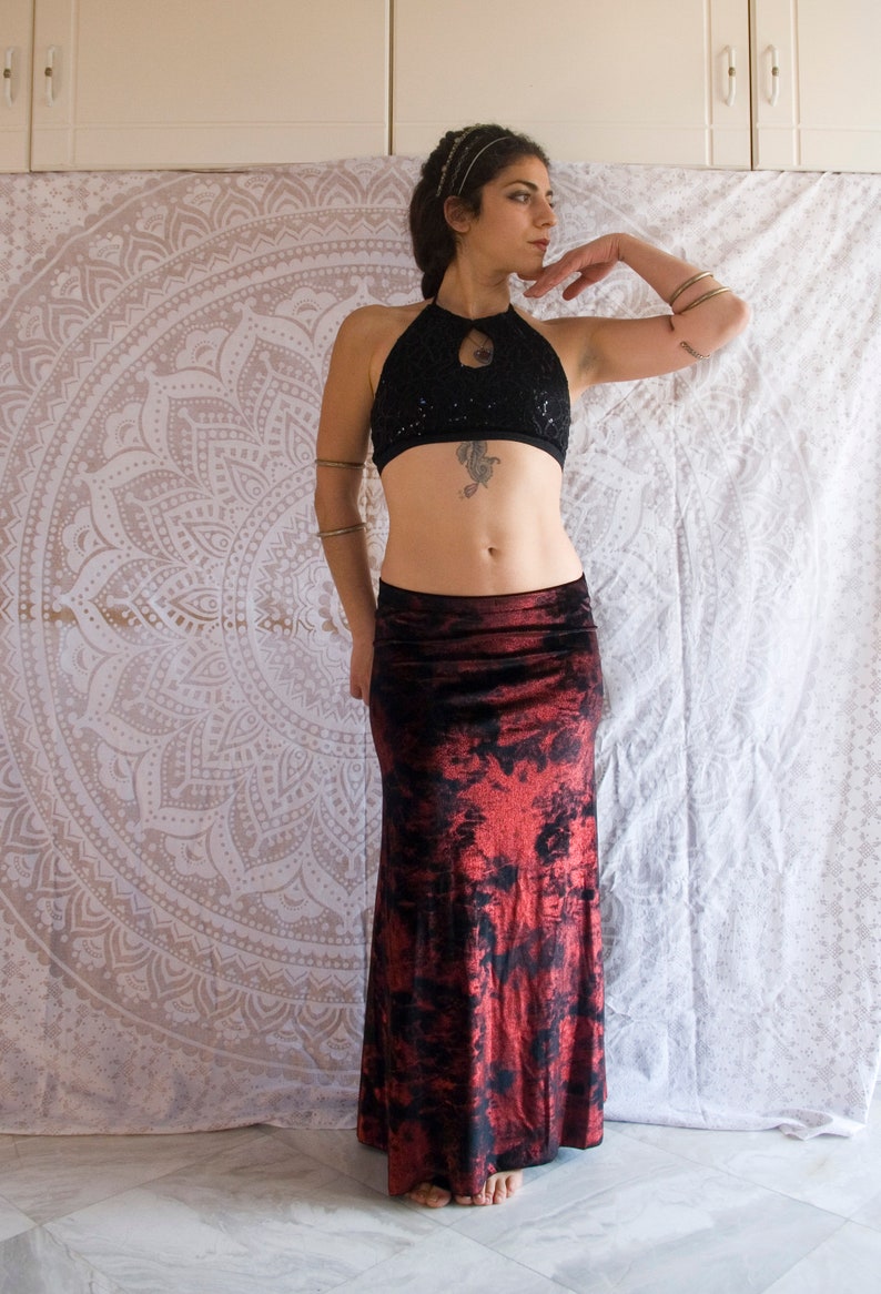 gothic Tribal Fusion Bellydance Skirt Metallic Red Black Velvet Mermaid Skirt Small to Medium clubbing