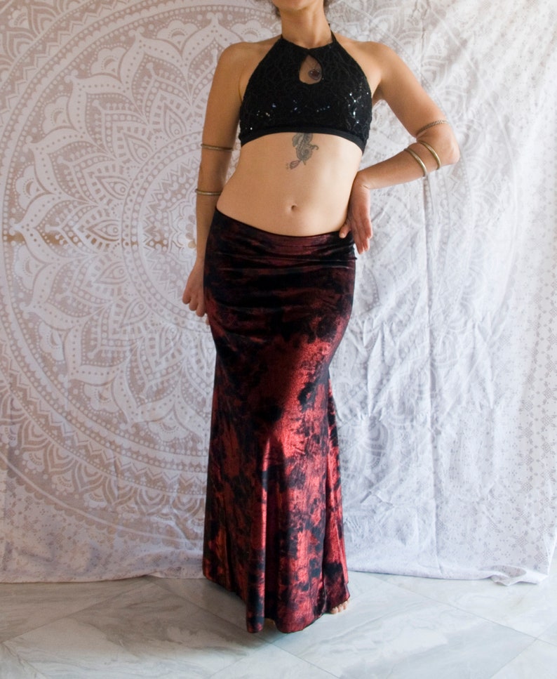 gothic Tribal Fusion Bellydance Skirt Metallic Red Black Velvet Mermaid Skirt Small to Medium clubbing