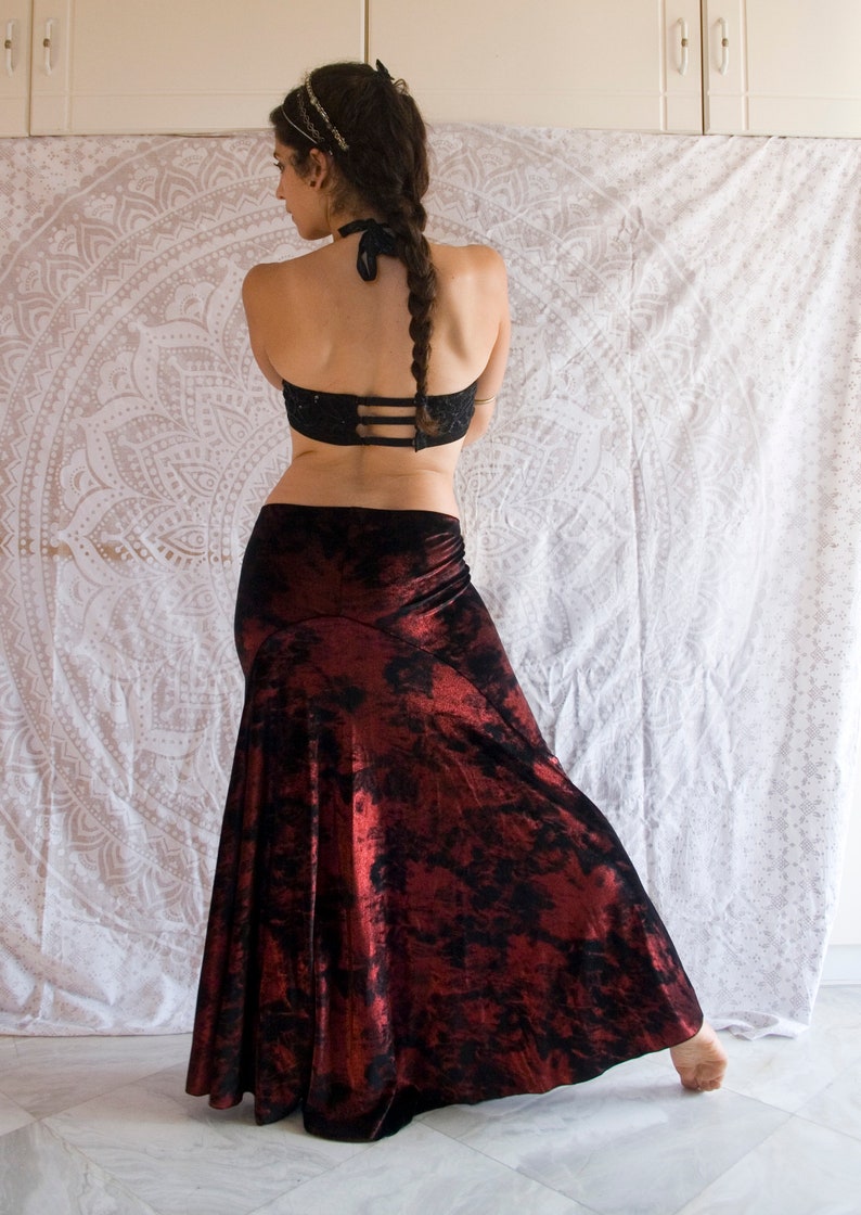 gothic Tribal Fusion Bellydance Skirt Metallic Red Black Velvet Mermaid Skirt Small to Medium clubbing