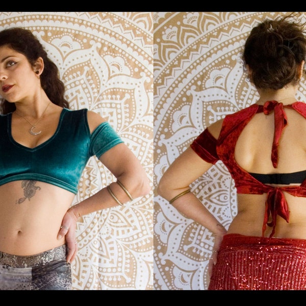 Your SIZE - Black, Blood Red, Cedar Green Velvet Choli Top - Cut Shoulder Tribal Top - ATS, Fusion, Bellydance, crop top, off shoulder