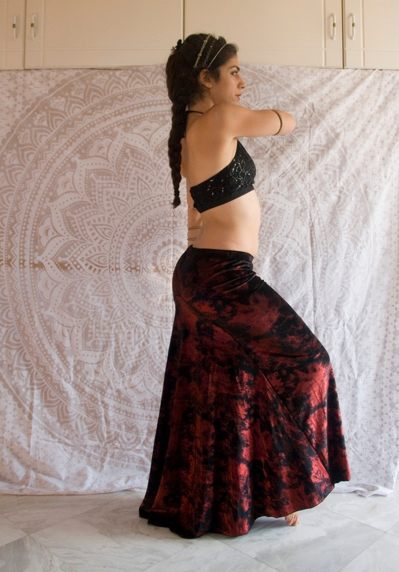 gothic Tribal Fusion Bellydance Skirt Metallic Red Black Velvet Mermaid Skirt Small to Medium clubbing