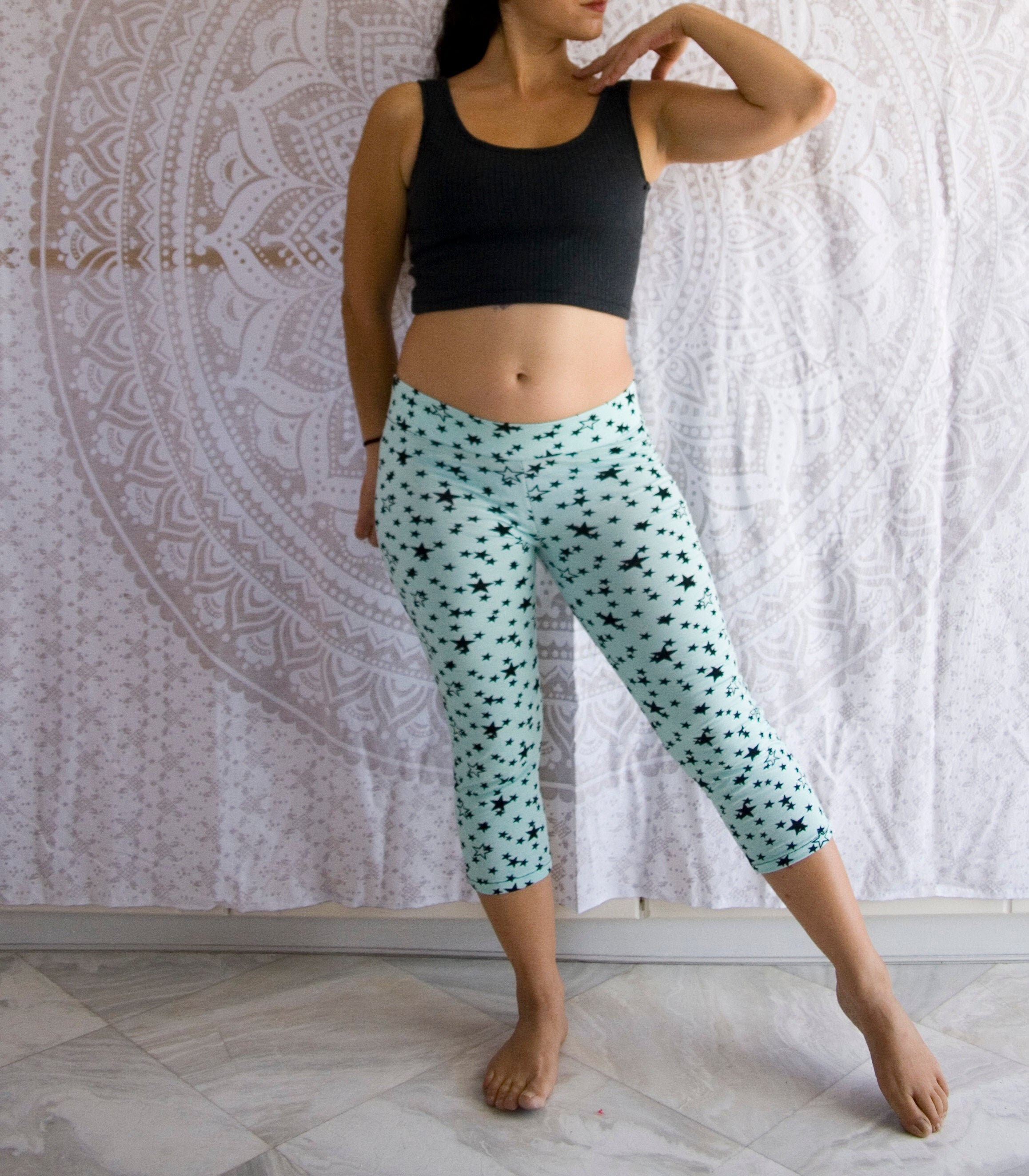 Mint Green Star Capri Leggings Cotton 