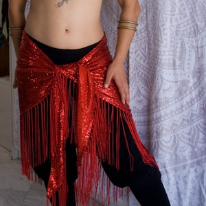 Red Sequin Hip Scarf - 180cm - Shiny Red Fringe Tribal Fusion Bellydance Fringe shawl, flapper burlesque, ATS