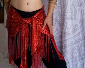 Red Sequin Hip Scarf - 180cm - Shiny Red Fringe Tribal Fusion Bellydance Fringe shawl, flapper burlesque, ATS