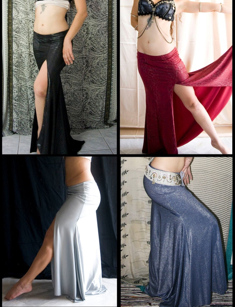 May include: Four different styles of long skirts with a high slit on the side. The skirts are in black, red, silver, and blue.