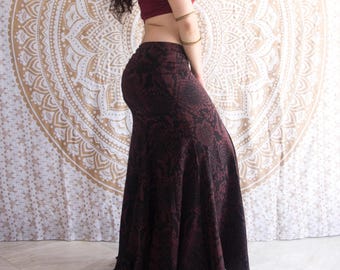 CUSTOM or Medium - Black Burgundy maxi skirt - Snake reptile print Mermaid Skirt with Fold-over waist