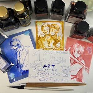 May include: An assortment of art supplies and character commissions. The image features ink bottles, fountain pens, and sketches of anime-style characters. A sign advertises art commissions for $10 USD.