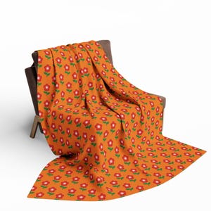 Retro Arctic Fleece Blanket 70s Style Floral Pattern Vibrant Orange Quality Warm Blanket Cozy Home Decor Great Gift Good Vibes Flowers Hygge