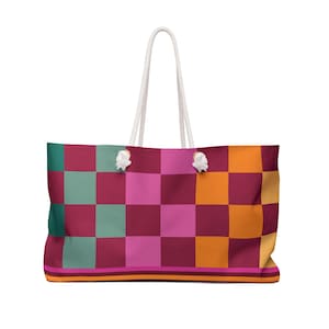 Retro Weekender Tote Bag, Groovy Bags, Vibrant Colors, Ultimate 70s, Perfect for Holidays/Beach/Weekend Getaways, Retro Checkered, Lines