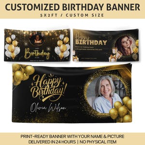 Benutzerdefinierte Geburtstagsbanner mit Foto und Namen — Druckbares Design in Schwarz und Gold — 15 x 2 m — 3 Stiloptionen — druckfertige Datei — individuelle Größe verfügbar