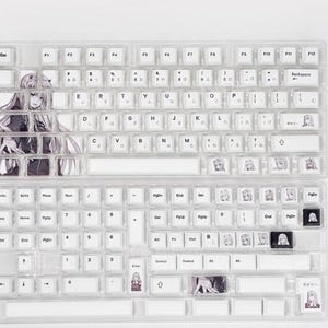 May include: A white mechanical keyboard with a custom keycap set featuring anime characters. The keycaps have a variety of designs, including a girl with long pink hair, a girl with short black hair, and a girl with long blonde hair. The keyboard has a standard layout with function keys, number keys, and letter keys. The keyboard also has a dedicated row of keys for navigation and editing.