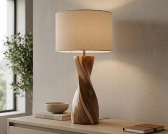 Sculpturale houten tafellamp, moderne organische bureaulamp, handgemaakte abstracte taklamp, minimalistisch kunstdecor, ambachtelijke houten tafellamp