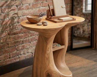 Handcrafted Organic Wood Side Table,Sculptural Pedestal End Table,Unique Curved Solid Wood Entryway Table,Modern Zen Accent Furniture