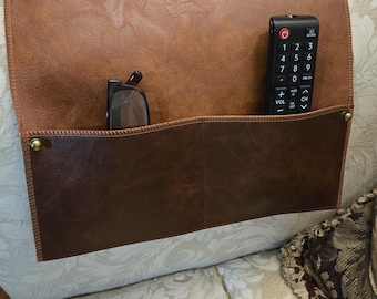Armchair Couch Caddy TV Remote Organizer Handmade in Two Tone Tan and Brown Vegan Leather Couchside Keepers