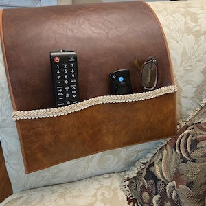 Handmade Armchair Couch Caddy TV Remote Organizer in Brown/Tan Vegan Leather