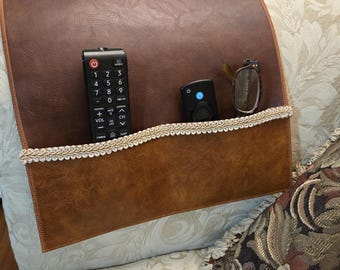 Handmade Armchair Couch Caddy TV Remote Organizer in Brown/Tan Vegan Leather