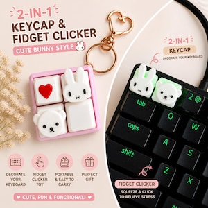 2-in-1 Bunny Bear Keycap Fidget Keychain | Kawaii Miffy Style Clicker Toy
