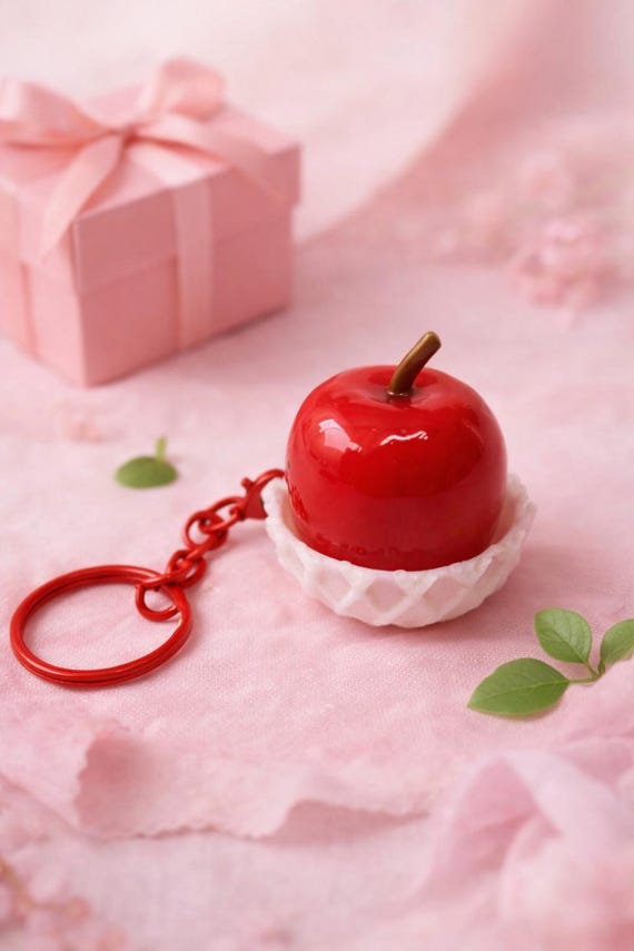 A hyper-realistic clickable red apple that doubles as a bag charm — 63 favorites don't lie, this is the kind of object people pick up and can't put down.