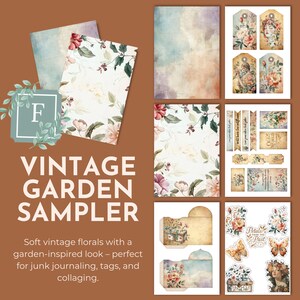 May include: A selection of vintage-style paper ephemera with floral and botanical designs. The sampler includes patterned papers, tags, labels, and stickers. The text on the image reads "VINTAGE GARDEN SAMPLER". The color palette features soft pastels and muted tones.