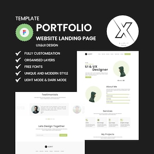 Modelo de site de portfólio moderno | Página de destino Figma editável | Design UX/UI para sites comerciais e pessoais | Download instantâneo