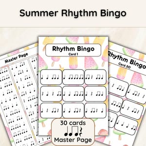 Schede del bingo estivo con ritmo musicale, gioco del ritmo, attività per l'aula di musica, risorsa per insegnanti di musica, strumento di apprendimento divertente, gioco del ritmo musicale