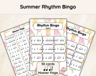 Bingo rítmico musical de verano: Juego de aula con negras (PDF imprimible)