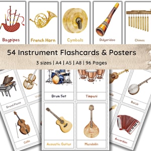 May include: A collection of 54 instrument flashcards and posters. The cards display watercolour illustrations of musical instruments such as a grand piano, cello, and acoustic guitar. The image text reads "54 Instrument Flashcards & Posters".