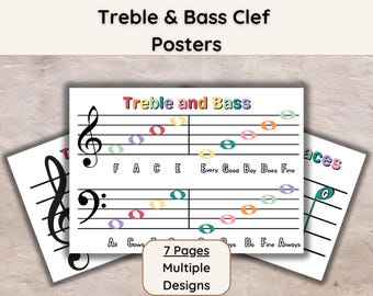 Póster con notas musicales en clave de sol y clave de fa (descarga digital)