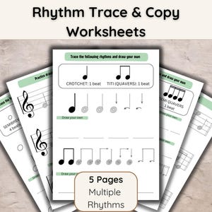Music Rhythm Trace Worksheets: Note Reading Practice (Digital Download)