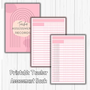 Peut inclure: Cahier d'évaluation des enseignants imprimable avec une couverture rose ornée d'un motif géométrique et du texte "Teacher Assessment Records".