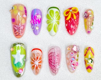 Tropical themed press on nails- 3D fruit nails  - summer nails