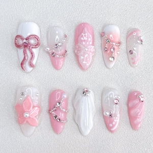 Handgefertigte Press-On Nägel, 3D Gel Nagel, Urlaubs/Party Nägel, 3D Blumennägel, Frühlingsnägel Blumennägel, Pink Nail.