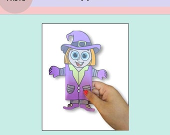 Marioneta de bruja de Halloween imprimible / Marioneta DIY para recortar y colorear para niños / Manualidad de bruja a todo color y en blanco y negro