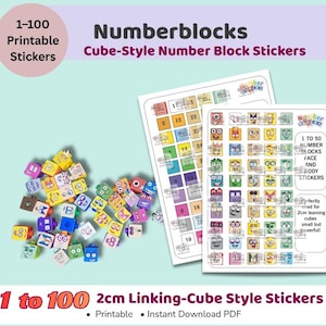 May include: Colorful Numberblocks cube-style stickers, featuring numbers 1-100. The image includes printable stickers and a pile of 2cm linking cubes. The text reads "1 to 100 2cm Linking-Cube Style Stickers".