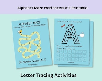 Alphabet Maze Worksheets A-Z Printable PDF, Letter Tracing Activity, Preschool Workbook, Kindergarten Learning, Kids Activity Pages