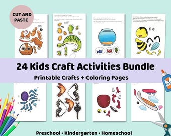 Printable Cut and Paste Activity Bundle, Preschool Coloring Pages, Kindergarten Craft Sheet, Homeschool Learning Worksheet, Toddler PDF